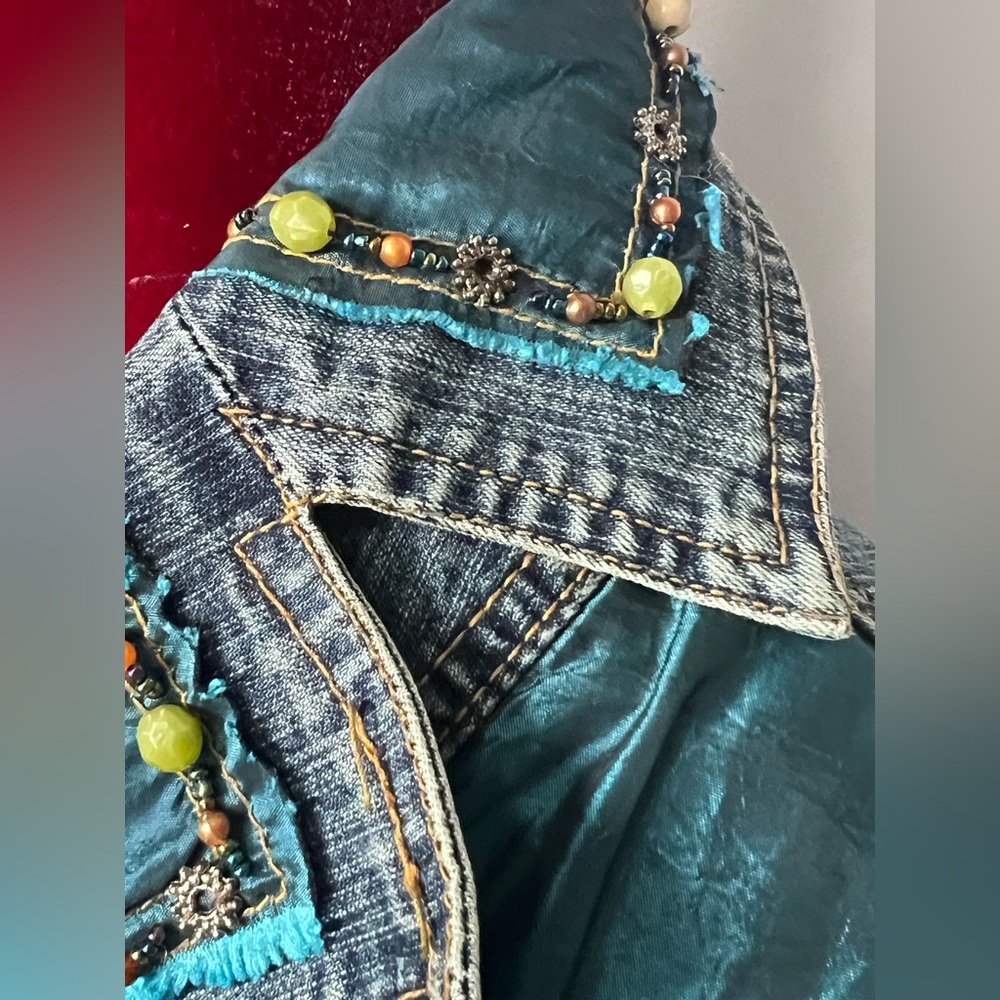 Y2K Cache Embellished Denim Jacket Sz 6 Beaded Lace Glam Boho Fairy Gypsy Boho - Picture 5 of 16